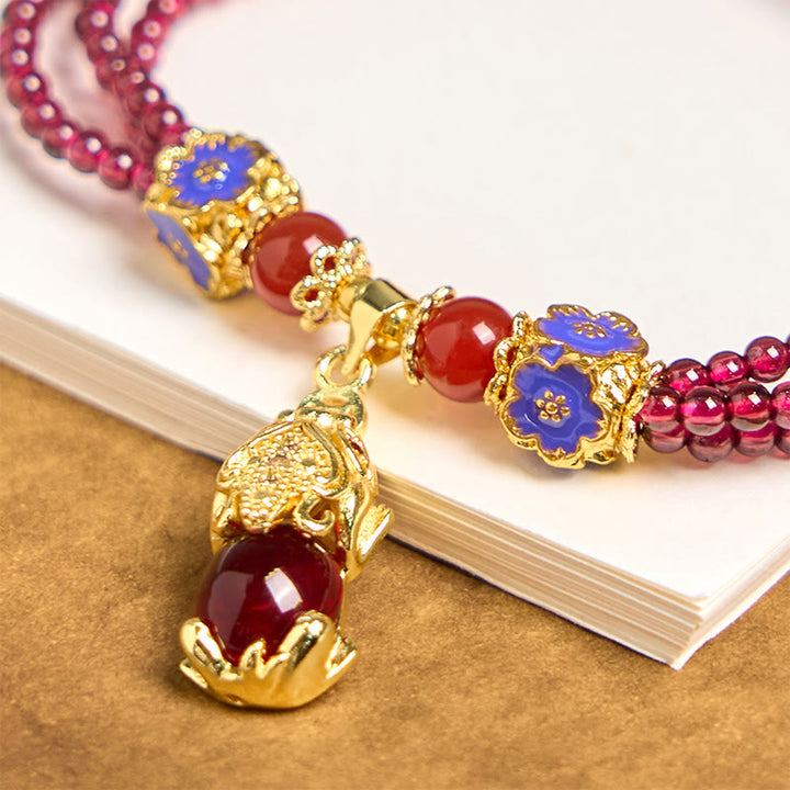 Bracciale multistrato di purificazione PiXiu Flower con perle di granato naturale da 3 mm Buddha Stones