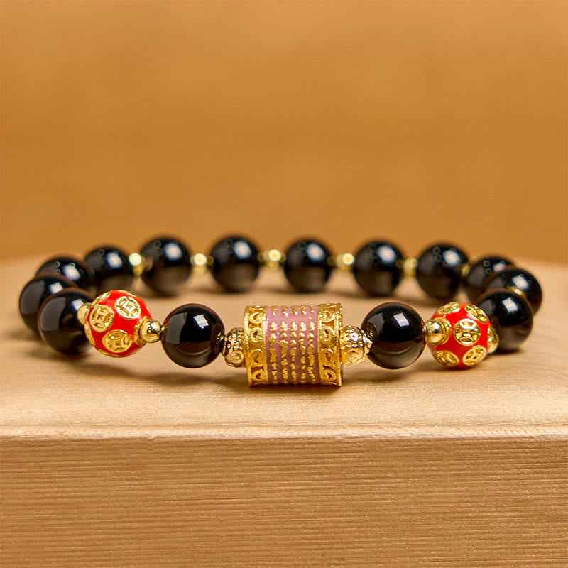 Bracciale della fortuna con cinque monete di rame e onice nero naturale di Buddha Stones