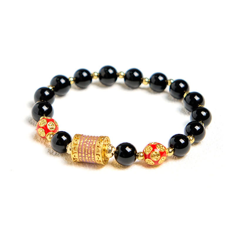 Bracciale della fortuna con cinque monete di rame e onice nero naturale di Buddha Stones