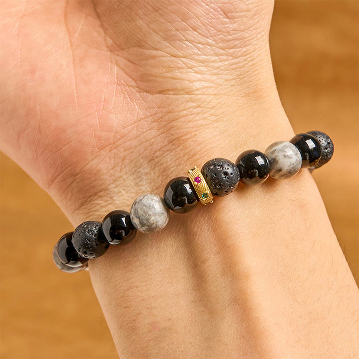Braccialetto curativo in pietra lavica, onice nero, diaspro Picasso e Buddha Stones
