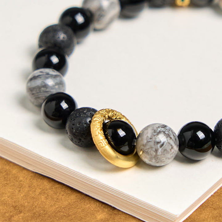 Braccialetto curativo in pietra lavica, onice nero, diaspro Picasso e Buddha Stones