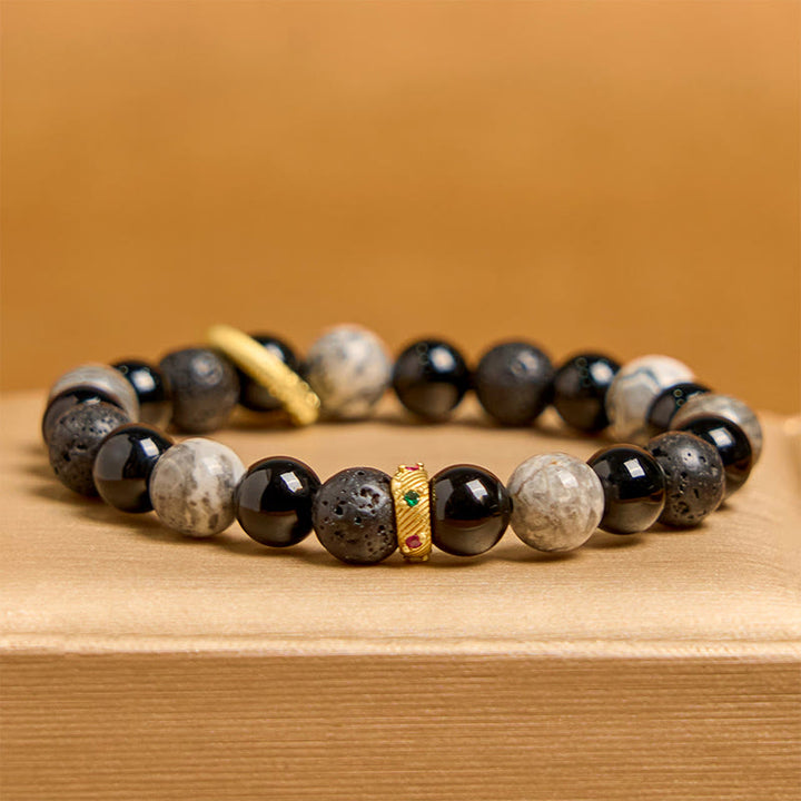 Braccialetto curativo in pietra lavica, onice nero, diaspro Picasso e Buddha Stones