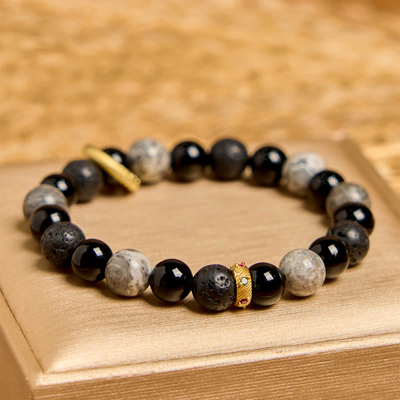 Braccialetto curativo in pietra lavica, onice nero, diaspro Picasso e Buddha Stones