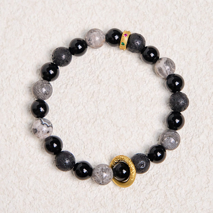 Braccialetto curativo in pietra lavica, onice nero, diaspro Picasso e Buddha Stones