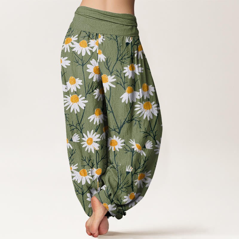 Pantaloni harem da donna con elastico in vita, motivo a margherita e petali bianchi in cotone Buddha Stones - image 1