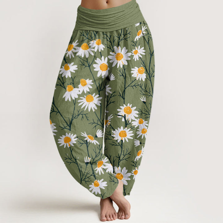 Pantaloni harem da donna con elastico in vita, motivo a margherita e petali bianchi Buddha Stones - Verde lime - US22, UK/AU26, EU54 (6XL) - image 1