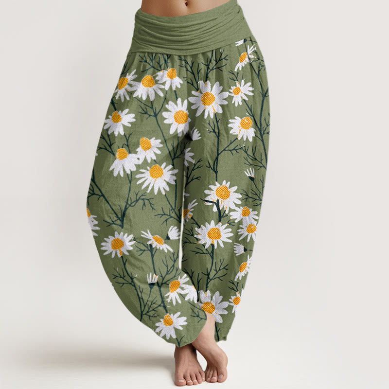 Pantaloni harem da donna con elastico in vita, motivo a margherita e petali bianchi Buddha Stones - Verde lime - US22, UK/AU26, EU54 (6XL) - image 0
