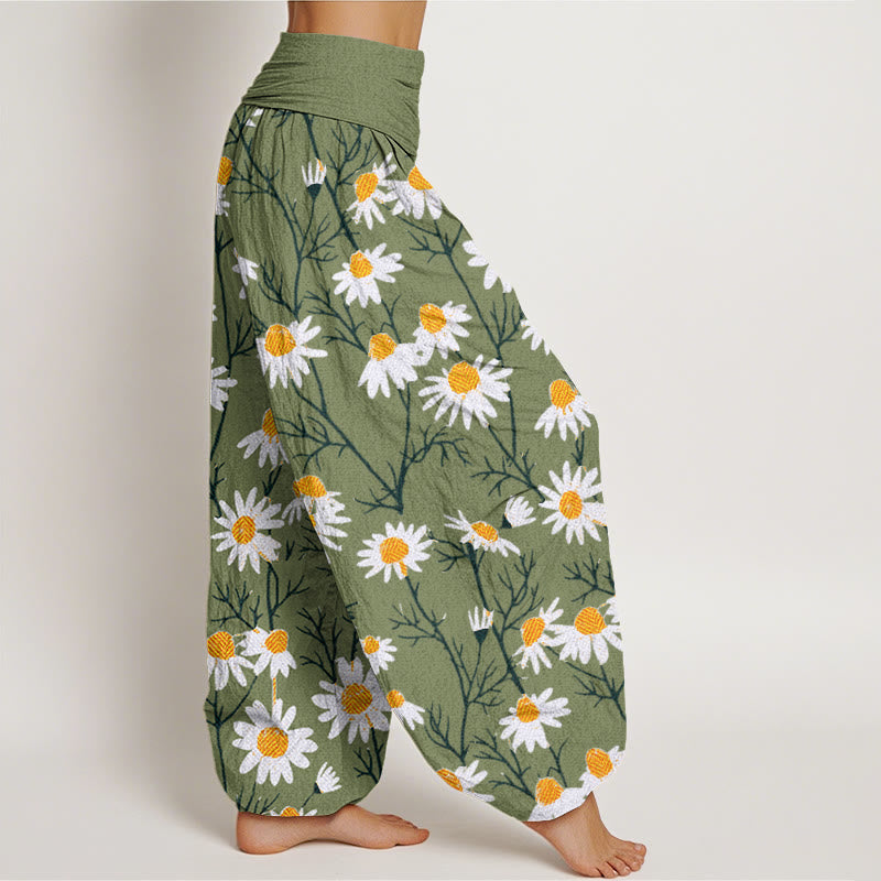 Pantaloni harem da donna con elastico in vita, motivo a margherita e petali bianchi Buddha Stones - image 3
