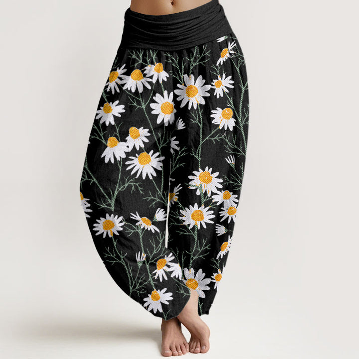 Pantaloni harem da donna con elastico in vita, motivo a margherita e petali bianchi Buddha Stones - Nero - US22, UK/AU26, EU54 (6XL) - image 5