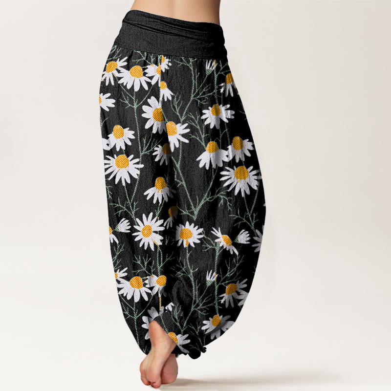 Pantaloni harem da donna con elastico in vita, motivo a margherita e petali bianchi Buddha Stones - image 6