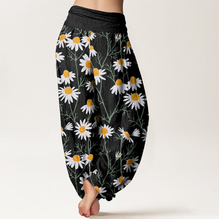 Pantaloni harem da donna con elastico in vita, motivo a margherita e petali bianchi Buddha Stones - image 6