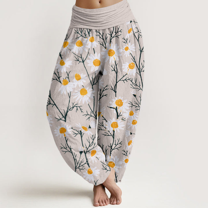 Pantaloni harem da donna con elastico in vita, motivo a margherita e petali bianchi Buddha Stones - Beige - US22, UK/AU26, EU54 (6XL) - image 8