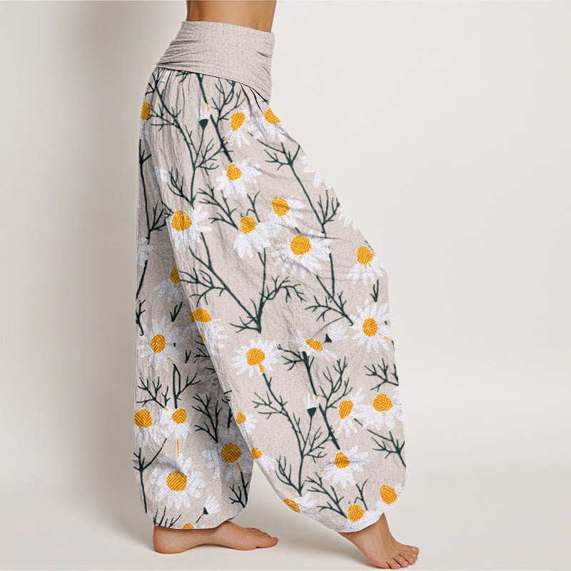 Pantaloni harem da donna con elastico in vita, motivo a margherita e petali bianchi Buddha Stones - image 10