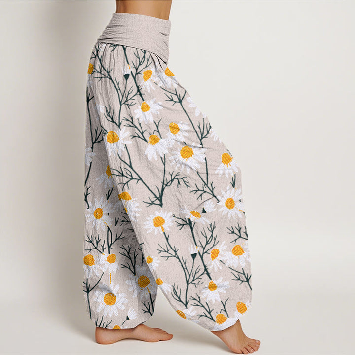 Pantaloni harem da donna con elastico in vita, motivo a margherita e petali bianchi Buddha Stones - image 10