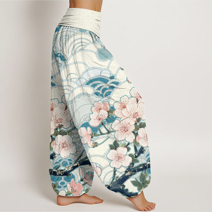 Pantaloni harem da donna con elastico in vita e motivo a onde di fiori di ciliegio Buddha Stones - image 3
