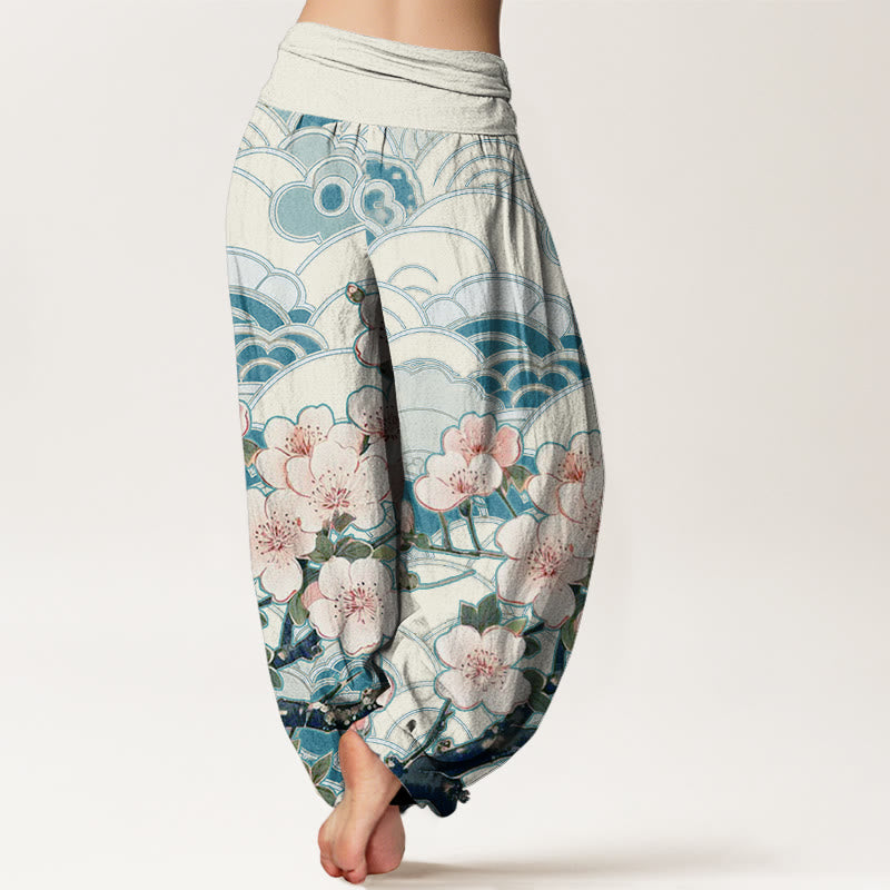 Pantaloni harem da donna con elastico in vita e motivo a onde di fiori di ciliegio Buddha Stones - image 2