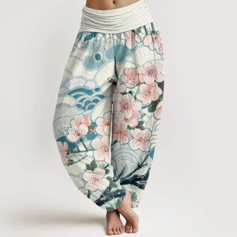 Pantaloni harem da donna con elastico in vita e motivo a onde di fiori di ciliegio Buddha Stones - Blu Reale - US22, UK/AU26, EU54 (6XL) - image 1