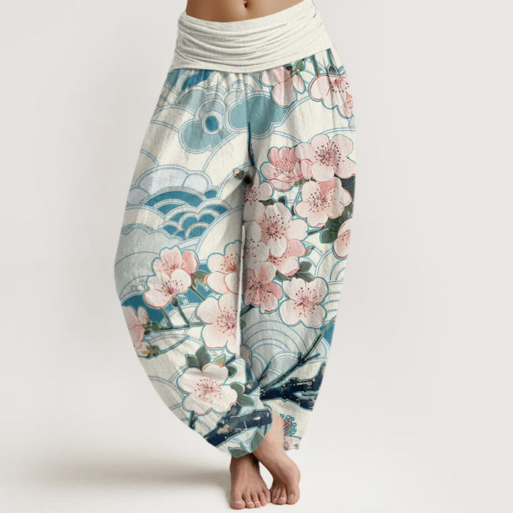 Pantaloni harem da donna con elastico in vita e motivo a onde di fiori di ciliegio Buddha Stones - Blu Reale - US22, UK/AU26, EU54 (6XL) - image 1