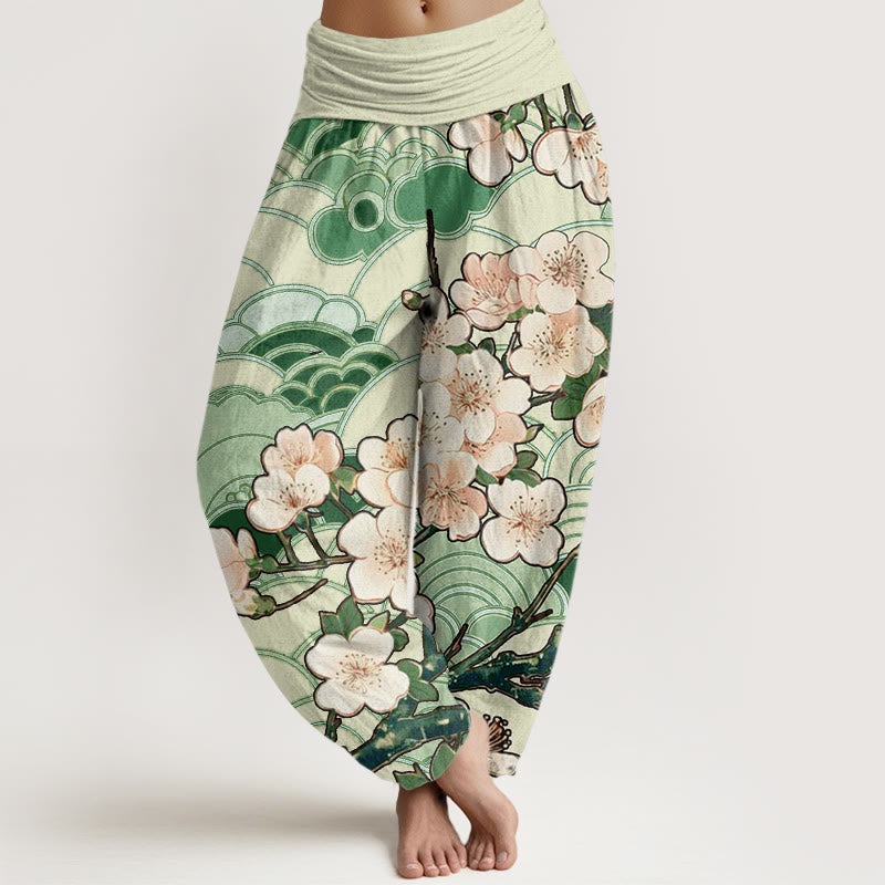 Pantaloni harem da donna con elastico in vita e motivo a onde di fiori di ciliegio Buddha Stones - Verde foresta - US22, UK/AU26, EU54 (6XL) - image 5