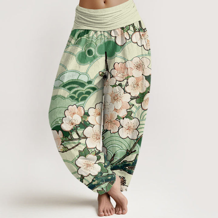 Pantaloni harem da donna con elastico in vita e motivo a onde di fiori di ciliegio Buddha Stones - Verde foresta - US22, UK/AU26, EU54 (6XL) - image 5