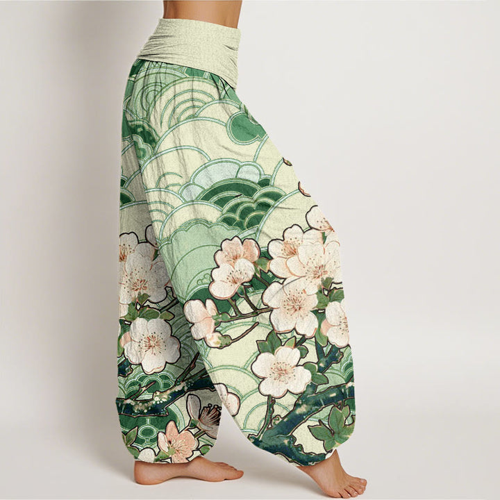 Pantaloni harem da donna con elastico in vita e motivo a onde di fiori di ciliegio Buddha Stones - image 7