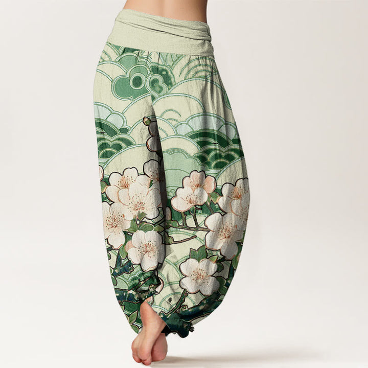 Pantaloni harem da donna con elastico in vita e motivo a onde di fiori di ciliegio Buddha Stones - image 6