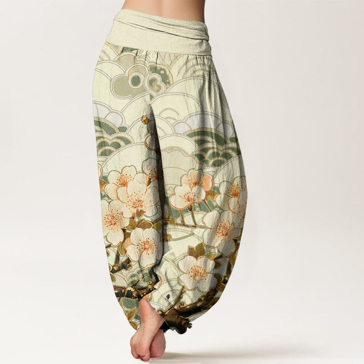 Pantaloni harem da donna con elastico in vita e motivo a onde di fiori di ciliegio Buddha Stones - image 9