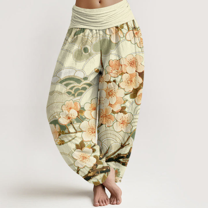 Pantaloni harem da donna con elastico in vita e motivo a onde di fiori di ciliegio Buddha Stones - Verde oliva - US22, UK/AU26, EU54 (6XL) - image 8