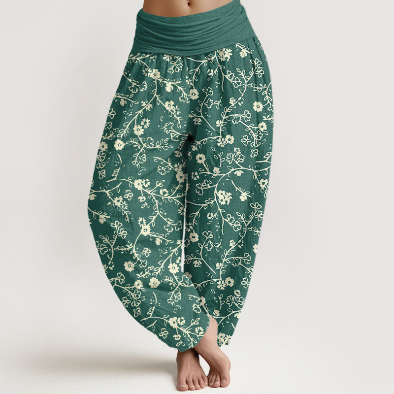 Pantaloni harem da donna con elastico in vita, modello di ramo di fiori Buddha Stones , design semplice - SeaGreen - US22, UK/AU26, EU54 (6XL) - image 1