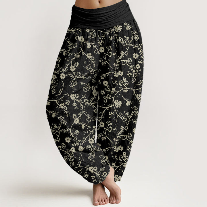 Pantaloni harem da donna con elastico in vita, modello di ramo di fiori Buddha Stones , design semplice - Nero - US22, UK/AU26, EU54 (6XL) - image 5