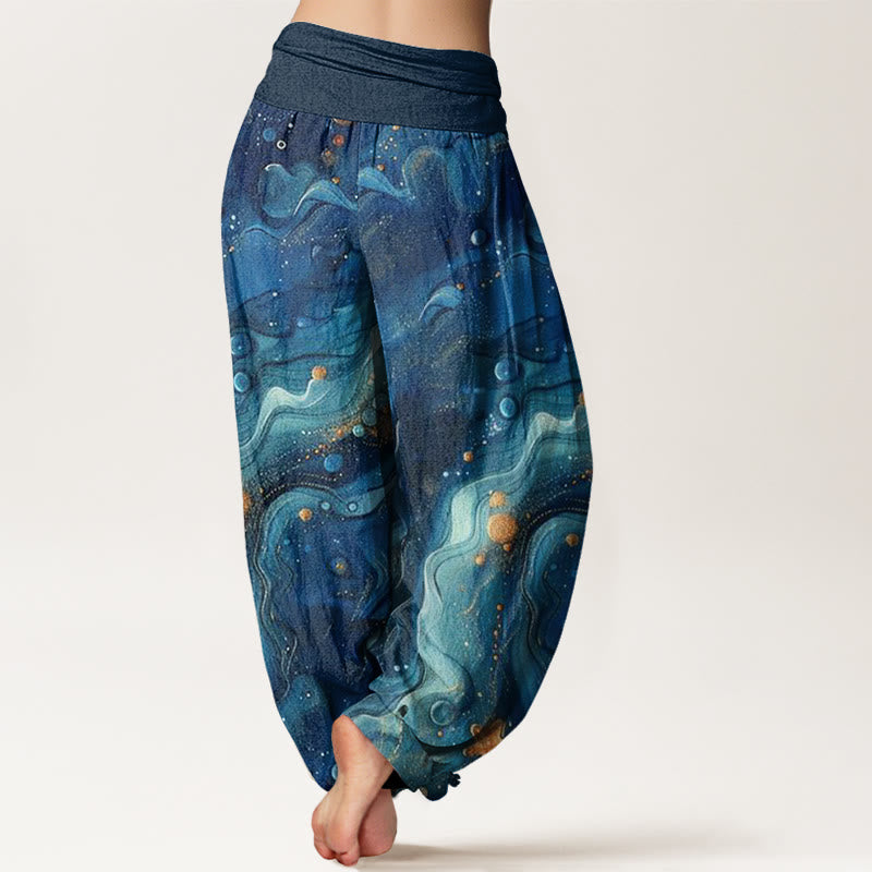 Pantaloni harem da donna con elastico in vita e motivo a stelle dorate oceaniche in cotone Buddha Stones - image 1