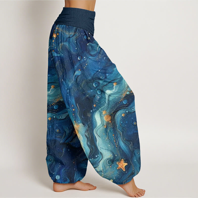 Pantaloni harem da donna con elastico in vita e motivo a stelle dorate oceaniche Buddha Stones - image 2