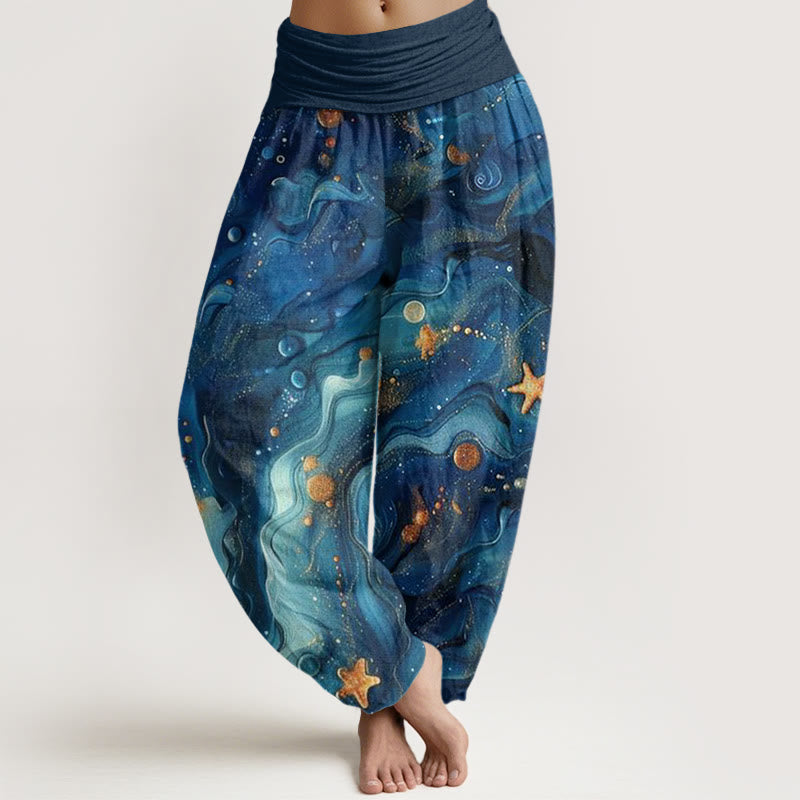 Pantaloni harem da donna con elastico in vita e motivo a stelle dorate oceaniche Buddha Stones - Blu scuro - US22, UK/AU26, EU54 (6XL) - image 1