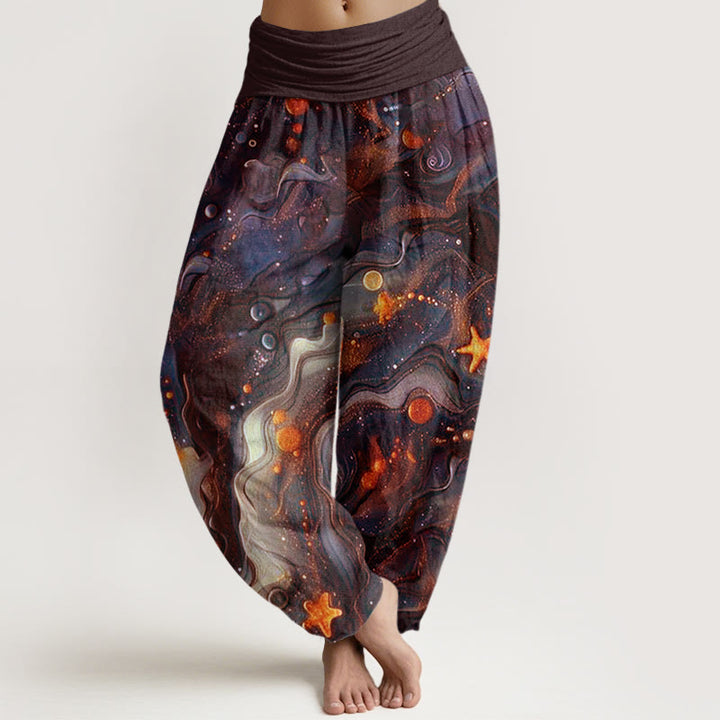 Pantaloni harem da donna con elastico in vita e motivo a stelle dorate oceaniche Buddha Stones - Marrone sella - US22, UK/AU26, EU54 (6XL) - image 5