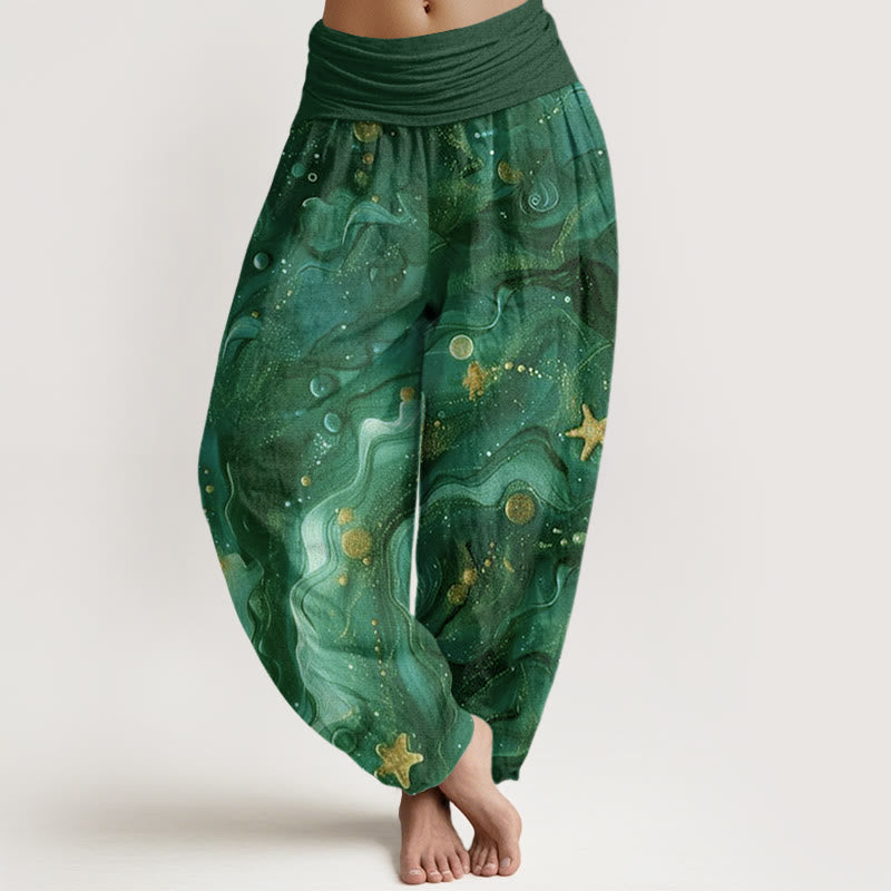 Pantaloni harem da donna con elastico in vita e motivo a stelle dorate oceaniche Buddha Stones - Verde scuro - US22, UK/AU26, EU54 (6XL) - image 8