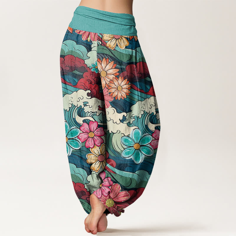 Pantaloni harem da donna con elastico in vita, motivo a onde oceaniche colorate, motivo floreale e Buddha Stones - image 1
