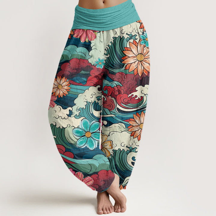 Pantaloni harem da donna con elastico in vita, in cotone, con motivo a onde oceaniche colorate e fiori vari, motivo Buddha Stones - Turchese medio - US22, UK/AU26, EU54 (6XL) - image 0