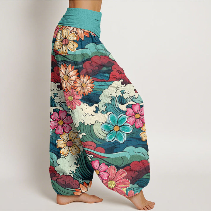 Pantaloni harem da donna con elastico in vita, in cotone, con motivo a onde oceaniche colorate e fiori vari, motivo Buddha Stones - image 2