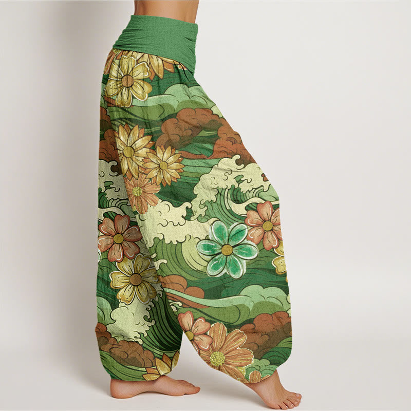 Pantaloni harem da donna con elastico in vita, motivo a onde oceaniche colorate, motivo floreale e Buddha Stones - image 7