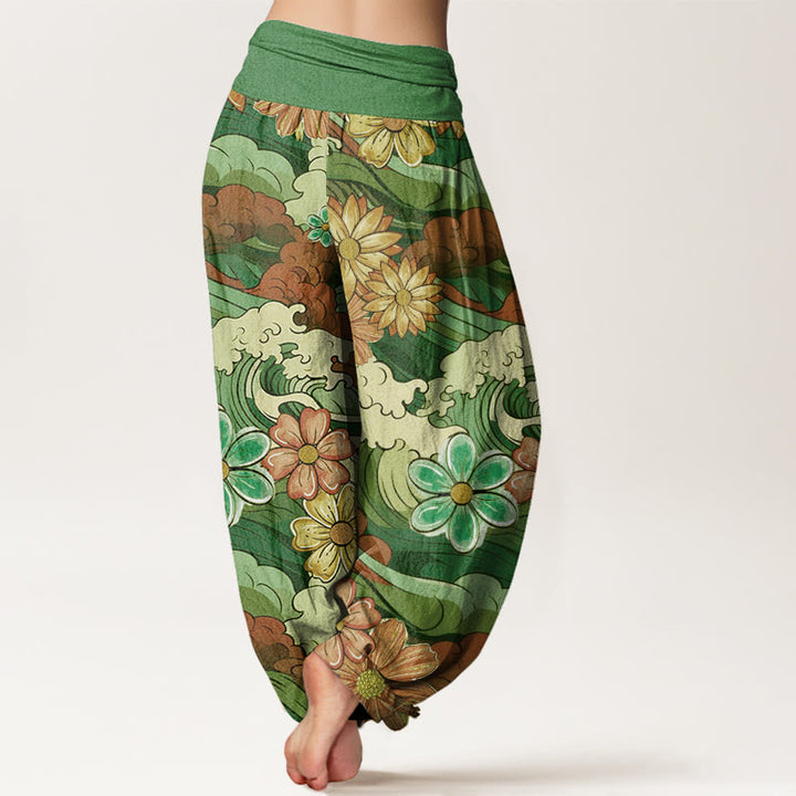 Pantaloni harem da donna con elastico in vita, in cotone, con motivo a onde oceaniche colorate e fiori vari, motivo Buddha Stones - image 5