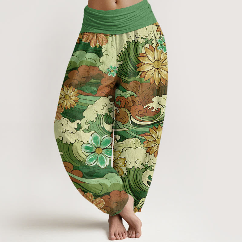 Pantaloni harem da donna con elastico in vita, in cotone, con motivo a onde oceaniche colorate e fiori vari, motivo Buddha Stones - Verde - US22, UK/AU26, EU54 (6XL) - image 4