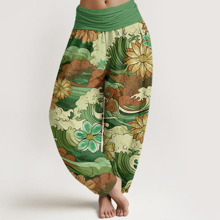 Pantaloni harem da donna con elastico in vita, in cotone, con motivo a onde oceaniche colorate e fiori vari, motivo Buddha Stones - Verde - US22, UK/AU26, EU54 (6XL) - image 4