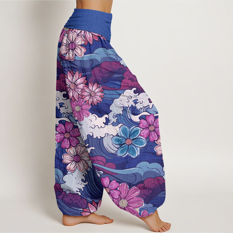 Pantaloni harem da donna con elastico in vita, in cotone, con motivo a onde oceaniche colorate e fiori vari, motivo Buddha Stones - image 9