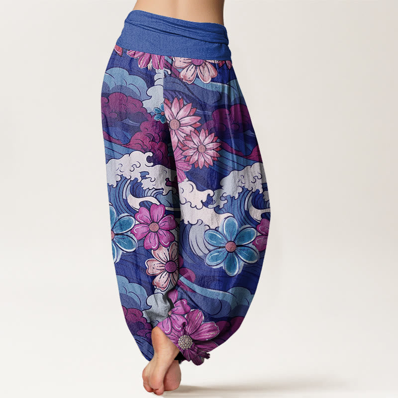 Pantaloni harem da donna con elastico in vita, in cotone, con motivo a onde oceaniche colorate e fiori vari, motivo Buddha Stones - image 8