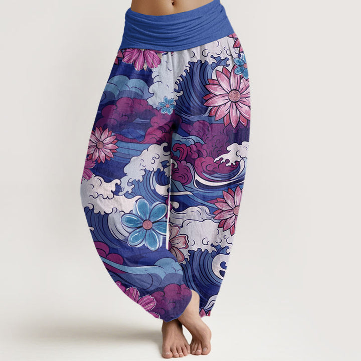 Pantaloni harem da donna con elastico in vita, motivo a onde oceaniche colorate, motivo floreale e Buddha Stones - Ardesia Blu - US22, UK/AU26, EU54 (6XL) - image 8