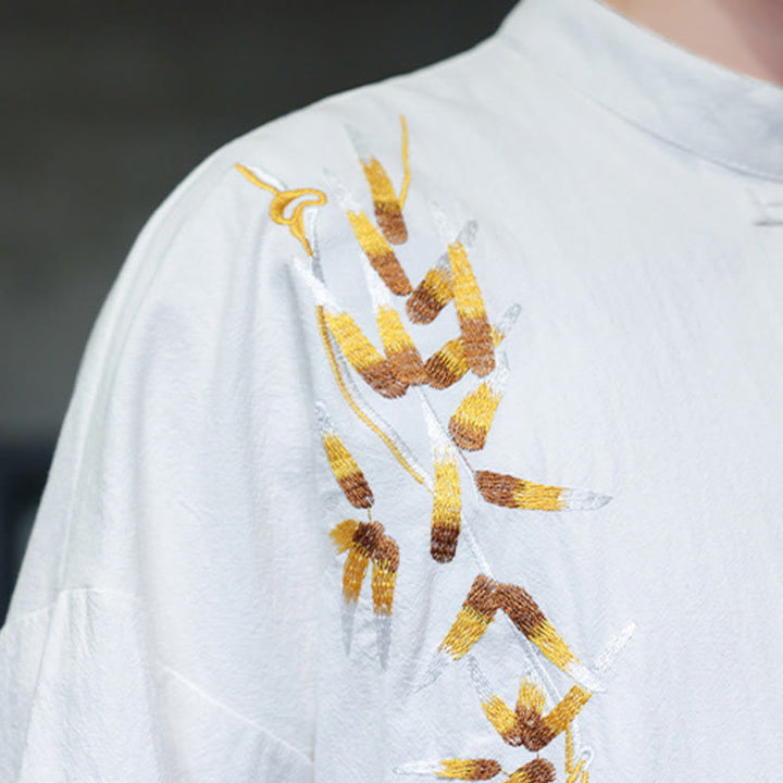 Camicia da uomo con maniche a tre quarti, bottoni cinesi a forma di rana e ricamo Buddha Stones