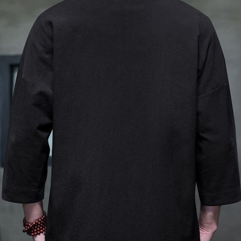 Camicia da uomo con maniche a tre quarti, bottoni cinesi a forma di rana e ricamo Buddha Stones