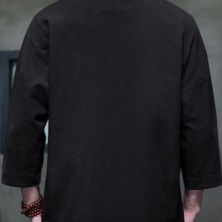 Camicia da uomo con maniche a tre quarti, bottoni cinesi a forma di rana e ricamo Buddha Stones