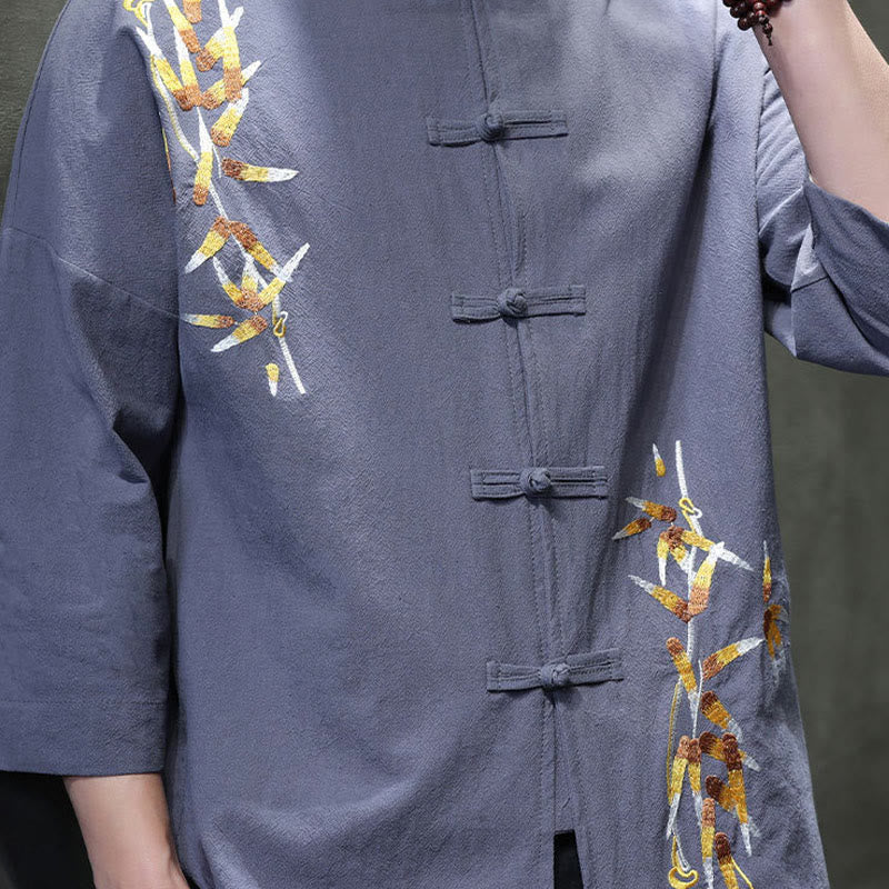 Camicia da uomo con maniche a tre quarti, bottoni cinesi a forma di rana e ricamo Buddha Stones
