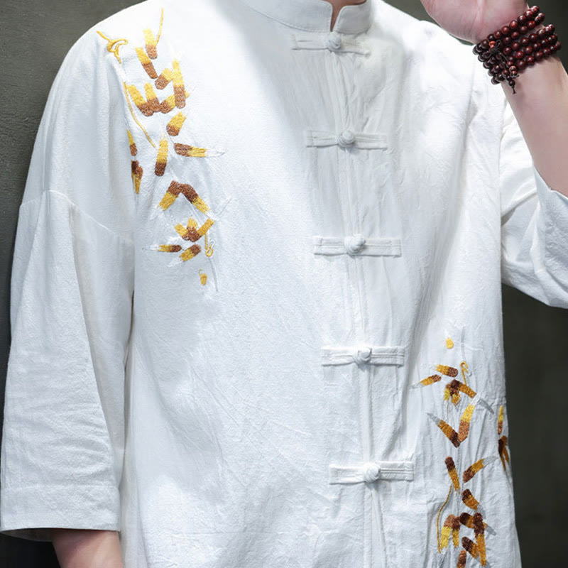 Camicia da uomo con maniche a tre quarti, bottoni cinesi a forma di rana e ricamo Buddha Stones